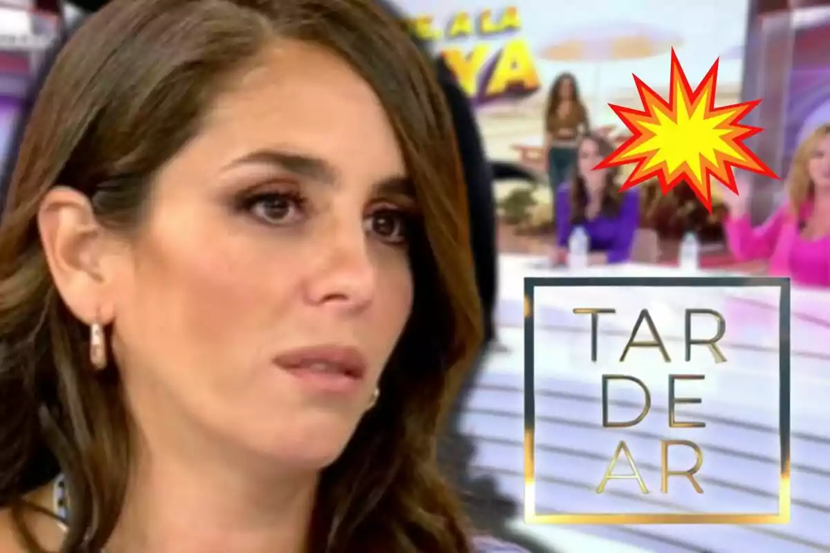 Anabel Pantoja con expresión seria en un programa de televisión con el logo "TardeAR" y un gráfico de explosión en el fondo.