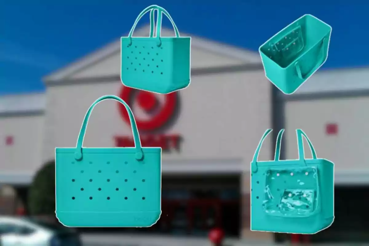 Cuatro imágenes de una bolsa azul de silicona con orificios, mostrada desde diferentes ángulos, sobre un fondo de una tienda Target desenfocada. Cuatro imágenes de una bolsa azul de silicona con orificios, mostrada desde diferentes ángulos, sobre un fondo de una tienda Target desenfocada.