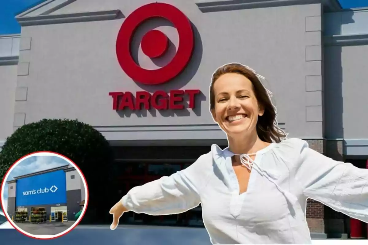 Mujer sonriente con los brazos abiertos frente a una tienda Target y una imagen pequeña de la entrada de Sam’s Club en la esquina inferior izquierda