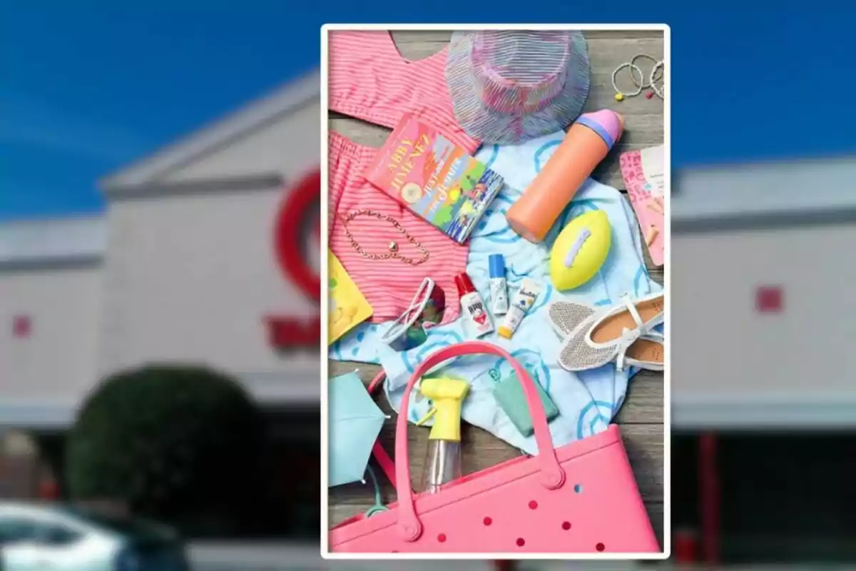 Artículos de verano como traje de baño, sombrero, libro, botella, bloqueador solar, lentes de sol, sandalias, bolso rosa y accesorios sobre una toalla azul Artículos de verano como traje de baño, sombrero, libro, botella, bloqueador solar, lentes de sol, sandalias, bolso rosa y accesorios sobre una toalla azul