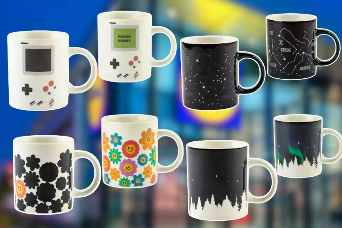 Siete tazas con diseños variados, incluyendo motivos de videojuegos, constelaciones, flores y paisajes nocturnos. Siete tazas con diseños variados, incluyendo motivos de videojuegos, constelaciones, flores y paisajes nocturnos.