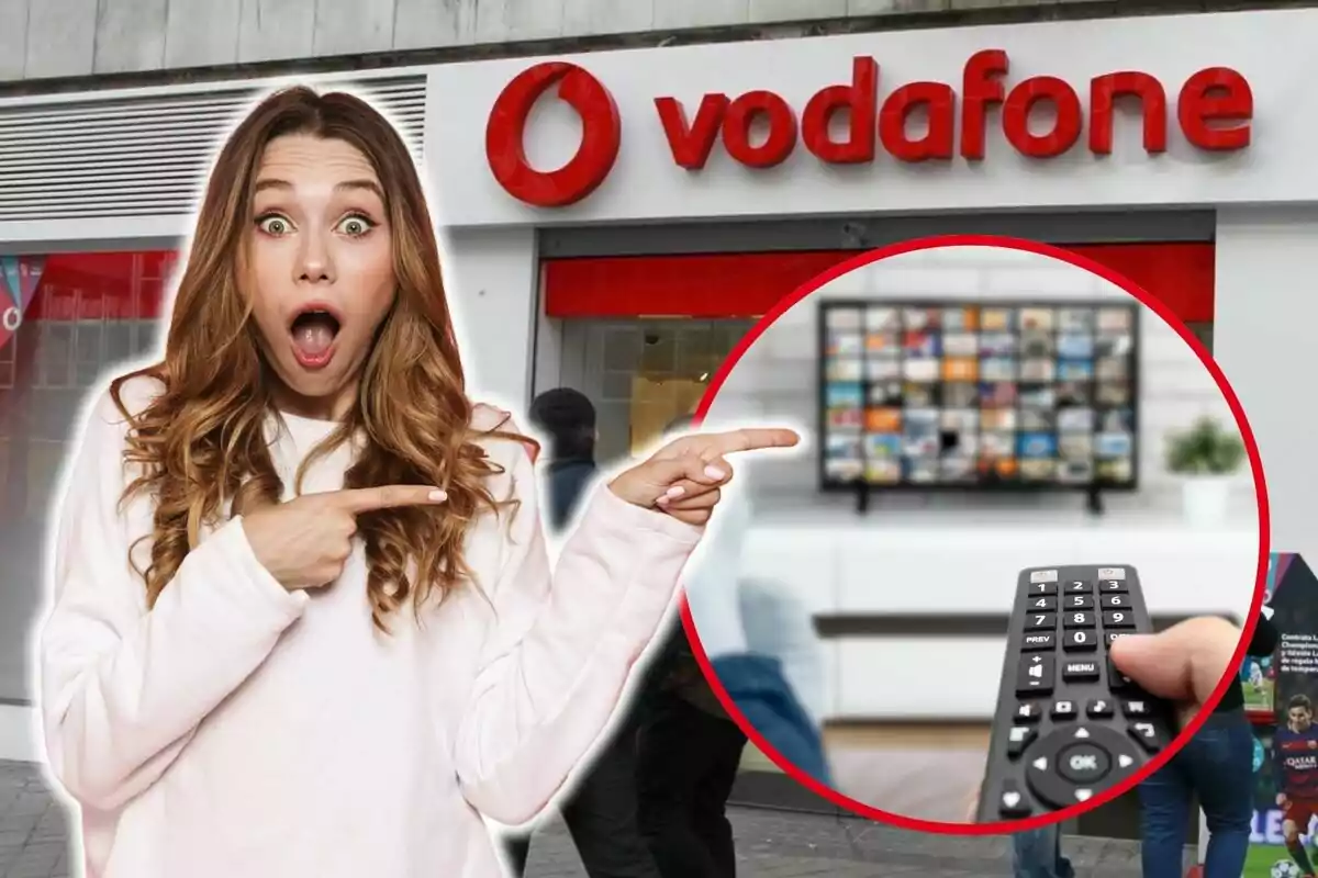 Una mujer sorprendida señala hacia una tienda de Vodafone y una televisión con un control remoto.