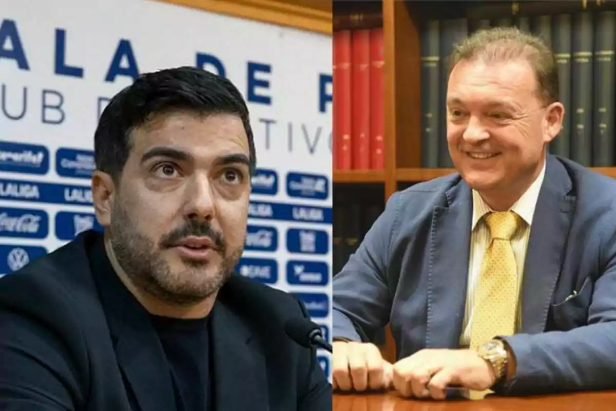Dos hombres en un entorno profesional, uno en una conferencia de prensa y el otro en una oficina con estanterías llenas de libros. Dos hombres en un entorno profesional, uno en una conferencia de prensa y el otro en una oficina con estanterías llenas de libros.