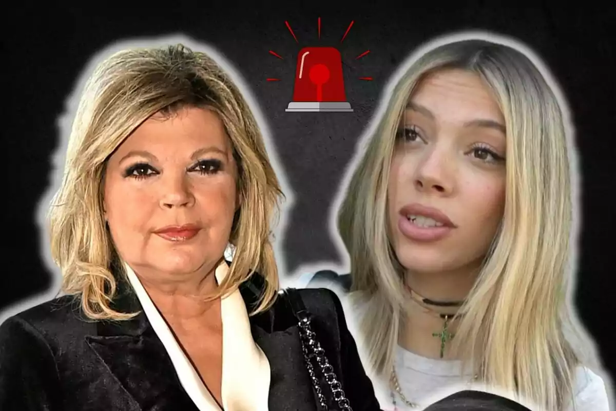 Terelu Campos y Alejandra Rubio posan frente a un fondo oscuro con una sirena roja en el centro.