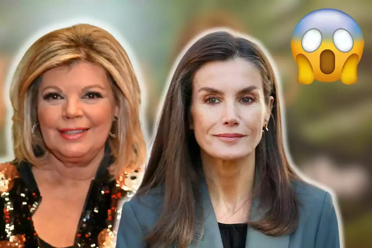 Terelu Campos y Letizia posan juntas con un emoji sorprendido en el fondo.