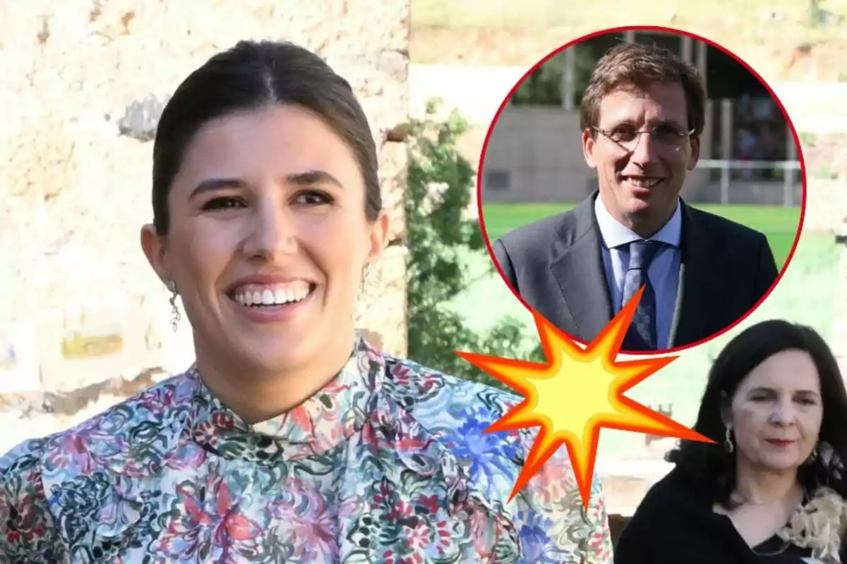 Teresa Urquijo sonriente con una blusa de flores, un círculo rojo con la imagen de José Luis Martínez-Almeida con gafas y traje, y una explosión amarilla en la parte inferior del círculo.