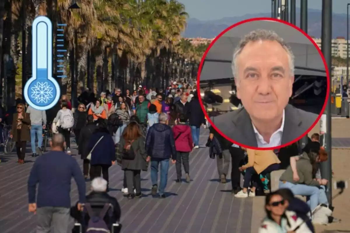 Un paseo marítimo, con gente abrigada, y en el círculo, Roberto Brasero