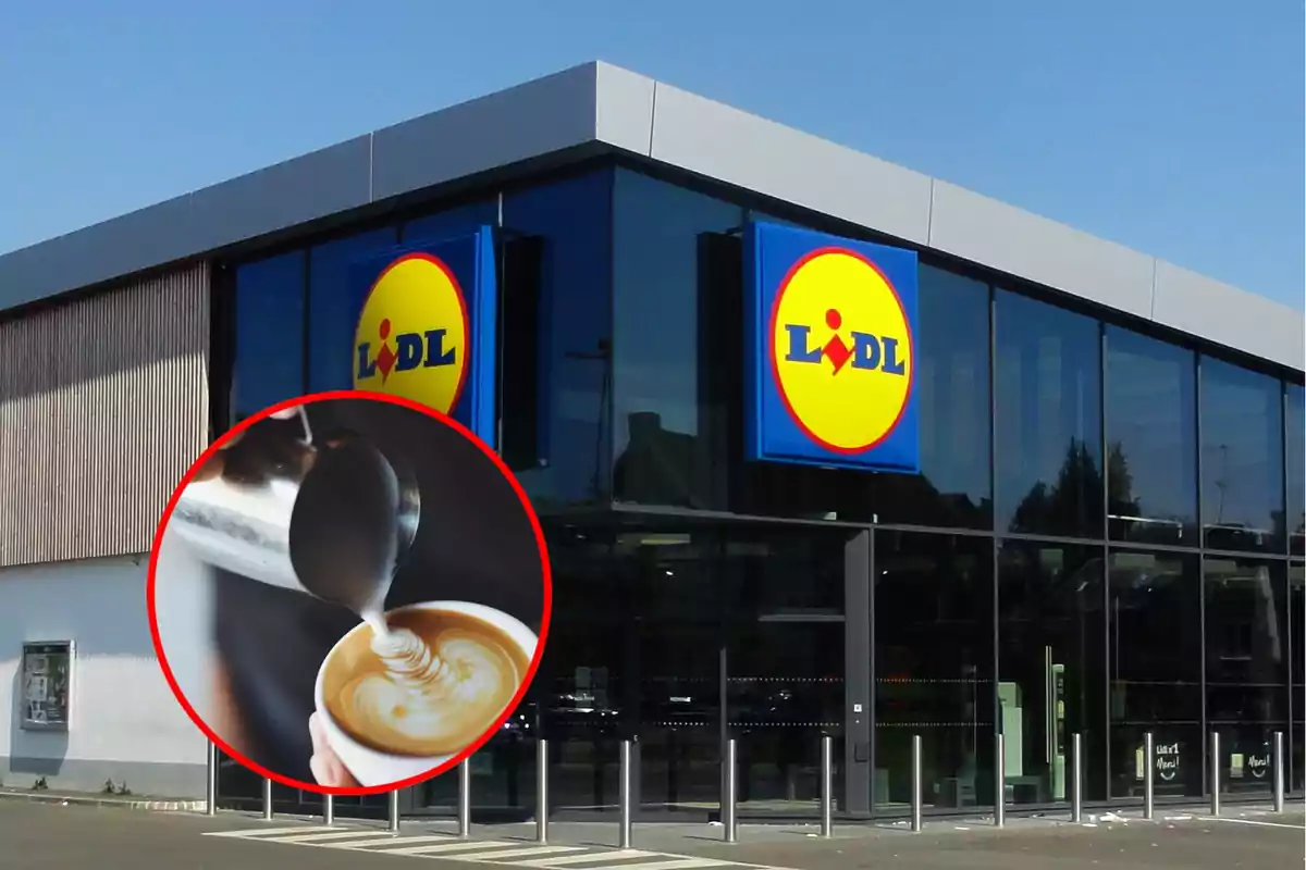 montaje tienda lidl con una taza de cafe dentro de un circulo rojo