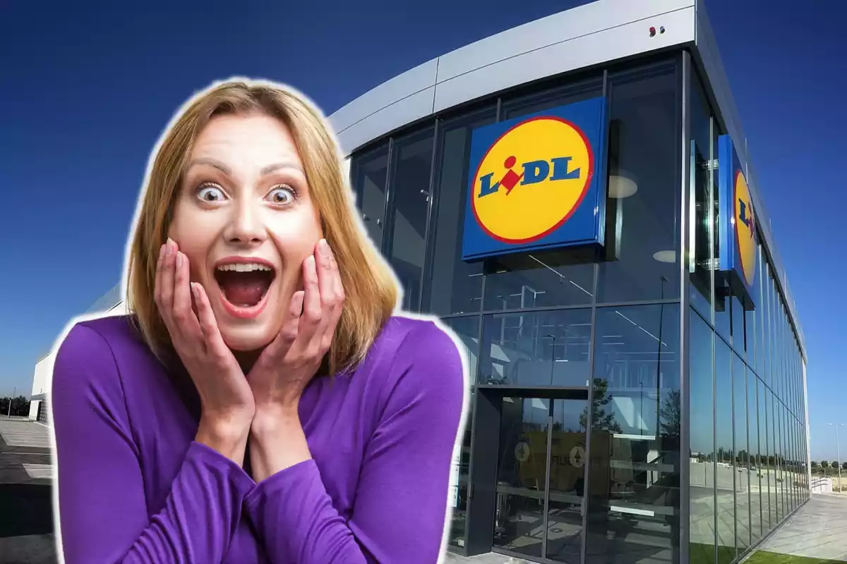 Montaje con el exterior de una tienda de Lidl y una mujer con cara de sorprendida