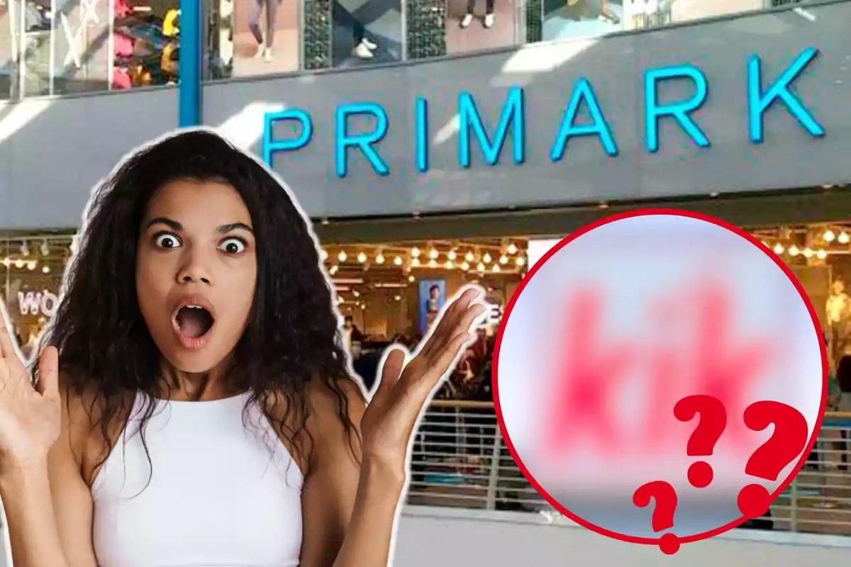 Mujer sorprendida frente a una tienda Primark con un círculo borroso y signos de interrogación.