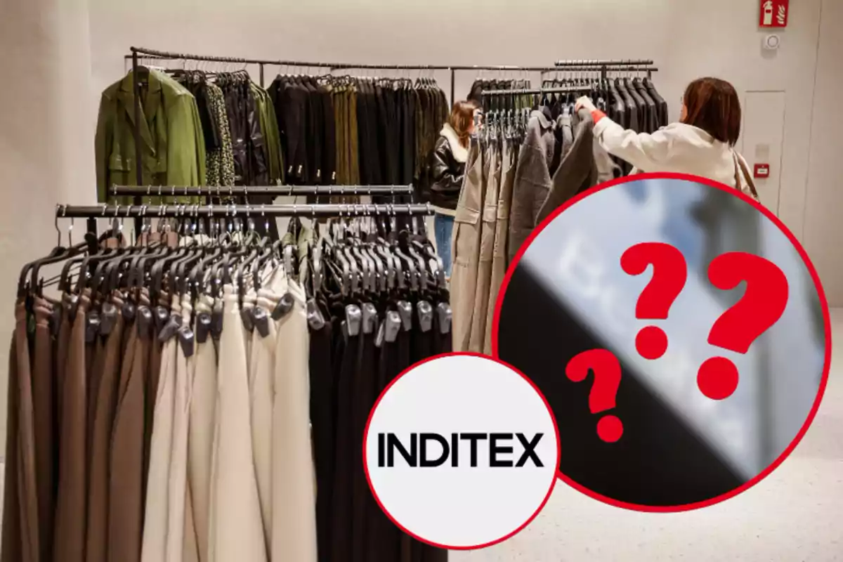Tienda de ropa con prendas colgadas en percheros y el logo de Inditex en un círculo con signos de interrogación.