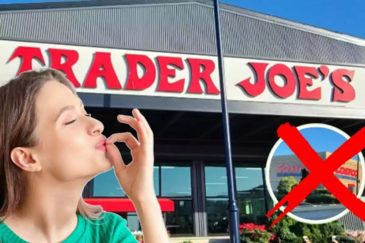 Fachada de Trader Joe's con una mujer haciendo un gesto de satisfacción y un círculo con una tienda de Costco tachada con una X roja