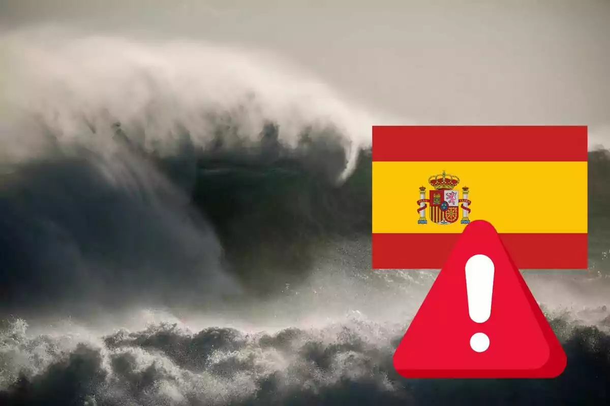 Olas grandes en el mar con una bandera de España y un símbolo de advertencia.