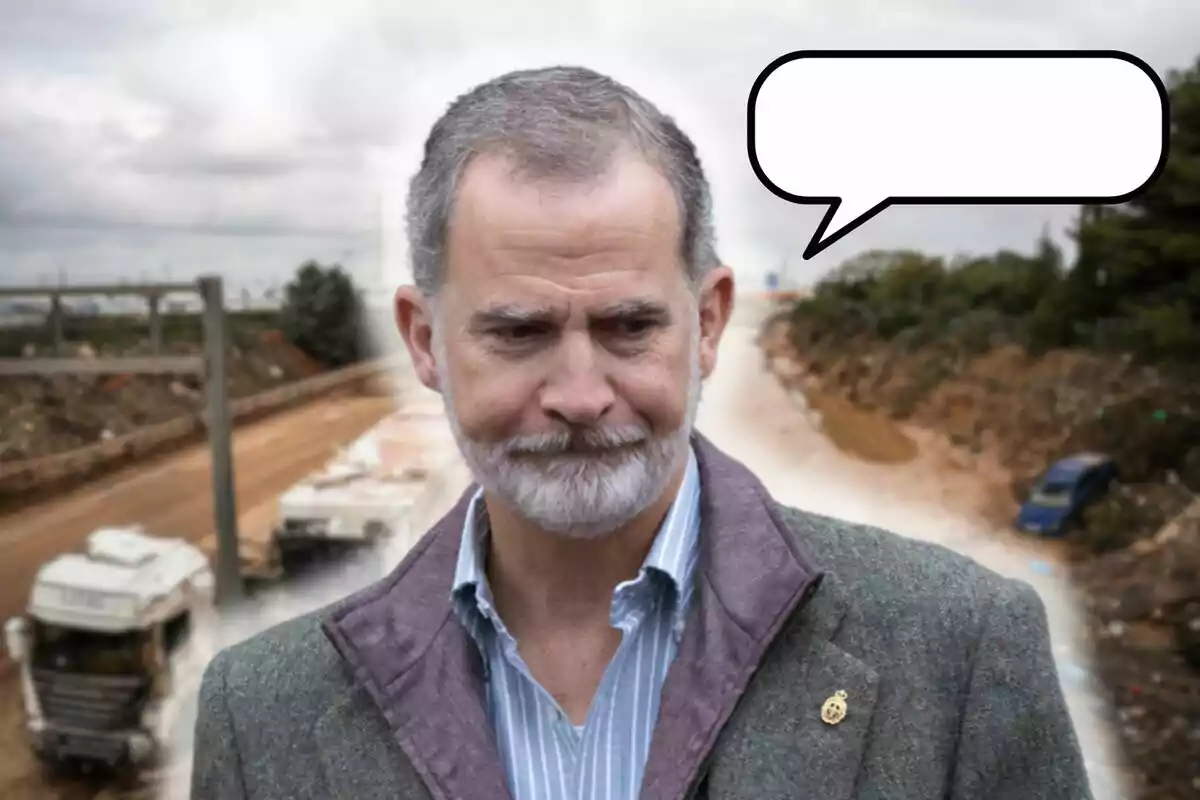 Felipe VI con barba y cabello corto en un entorno al aire libre con un globo de diálogo vacío sobre su cabeza.