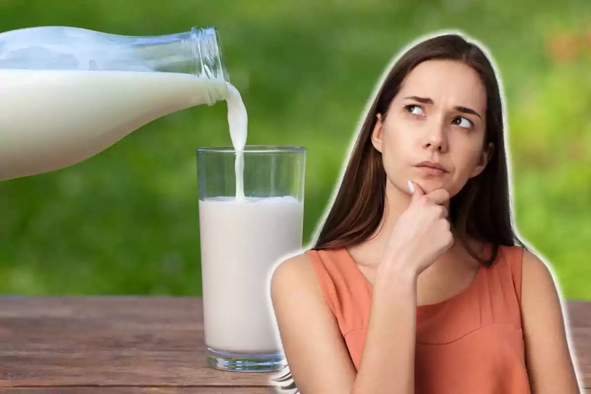 Montaje con una botella y un vaso lleno de leche y una mujer con la mano en la barbilla y cara de pensativa