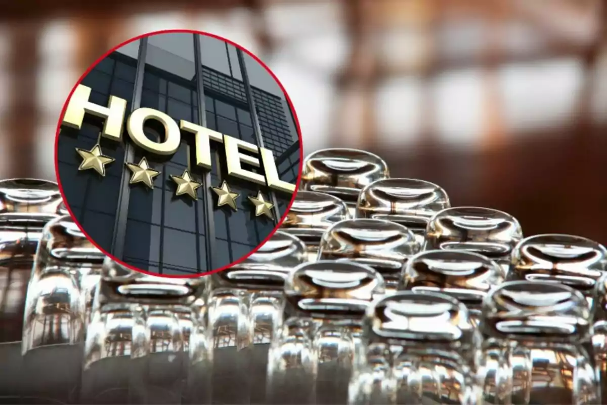 Un letrero de hotel de cinco estrellas sobre un fondo de vasos de cristal invertidos. Un letrero de hotel de cinco estrellas sobre un fondo de vasos de cristal invertidos.