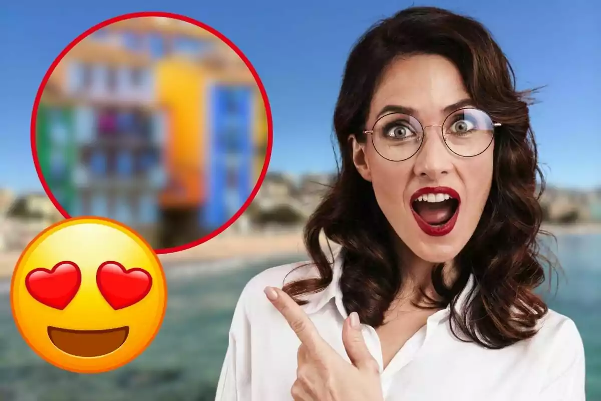 Mujer sorprendida con gafas y emoji de ojos de corazón señalando un círculo borroso en el fondo.