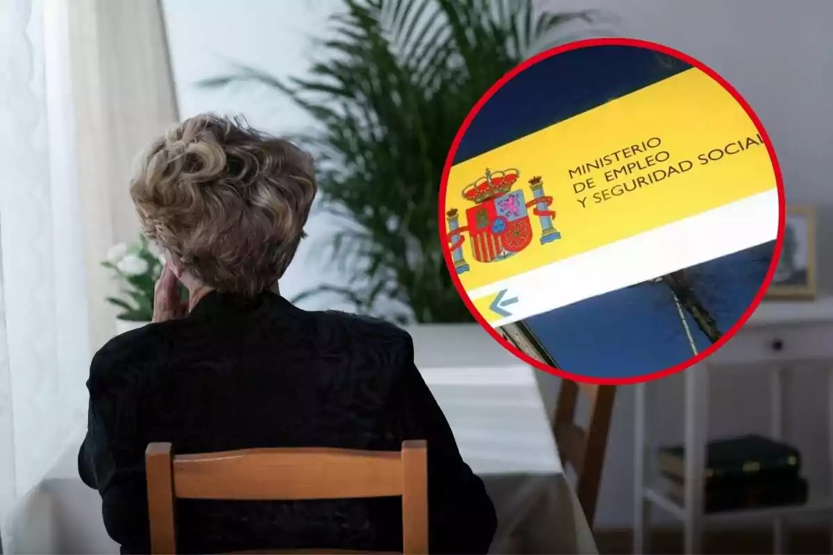 Una persona mayor sentada de espaldas en una habitación, con una imagen insertada del letrero del Ministerio de Empleo y Seguridad Social de España.