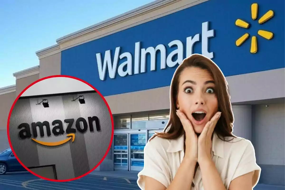Una mujer sorprendida frente a una tienda de Walmart con un logo de Amazon en un círculo rojo. Una mujer sorprendida frente a una tienda de Walmart con un logo de Amazon en un círculo rojo.