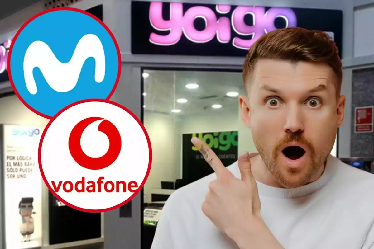 Hombre sorprendido señalando los logotipos de Movistar y Vodafone frente a una tienda de Yoigo.