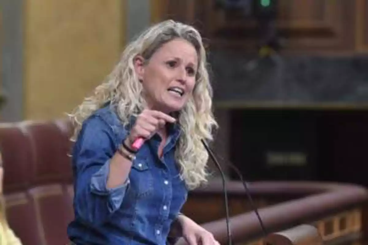 Mujer de cabello rubio rizado hablando apasionadamente y gesticulando con la mano en un recinto parlamentario Mujer de cabello rubio rizado hablando apasionadamente y gesticulando con la mano en un recinto parlamentario