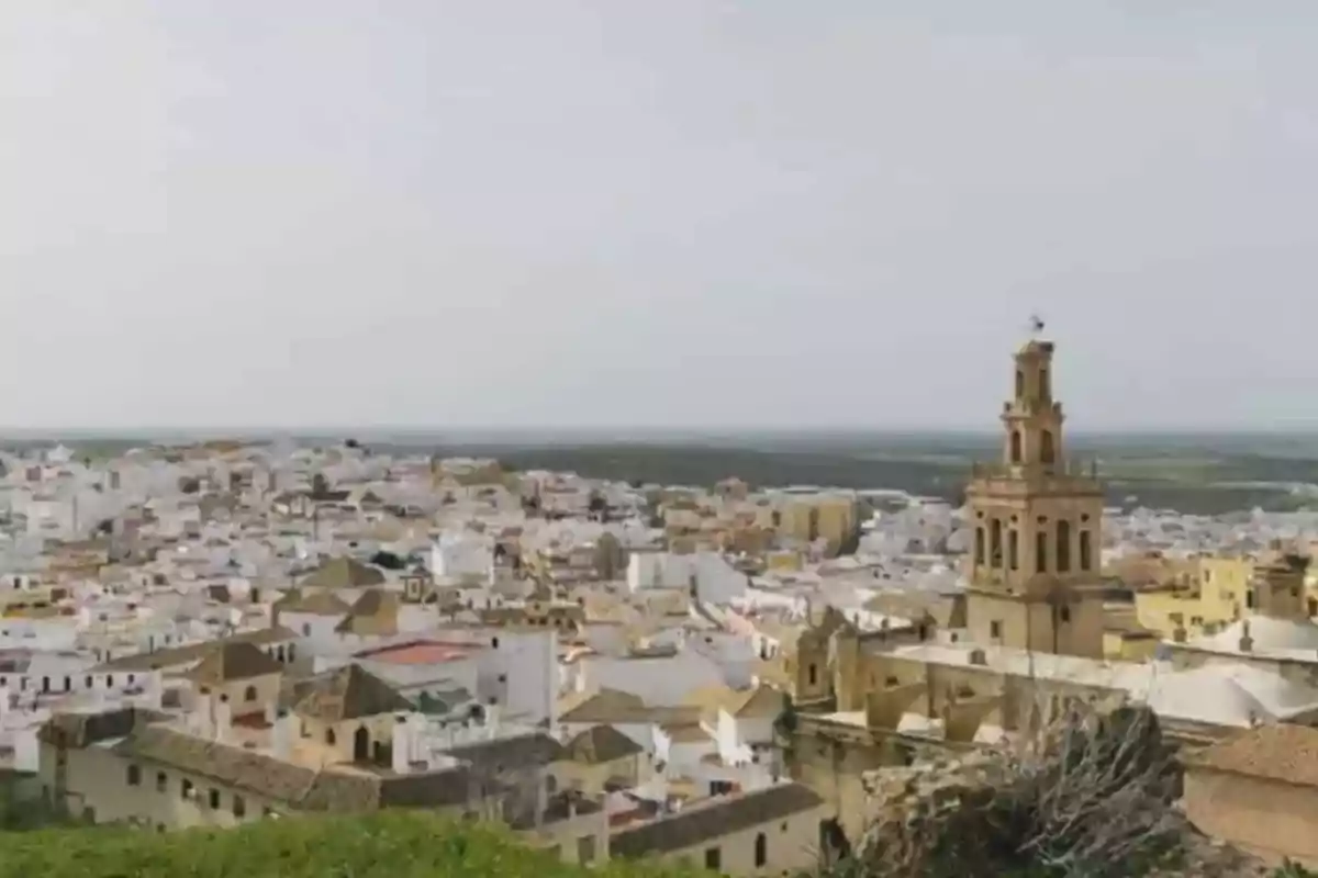 Vista panorámica de una ciudad con edificios de color blanco y una torre prominente en primer plano.