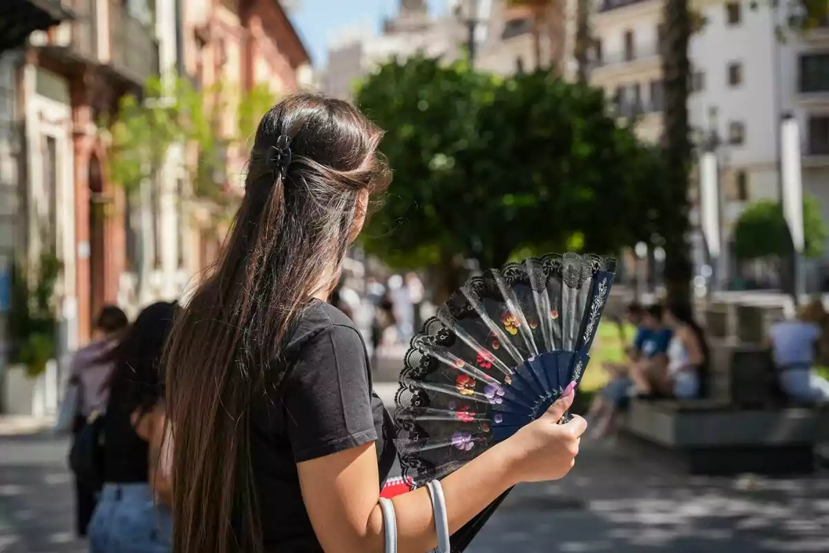 Mujer de espaldas con cabello largo sostiene un abanico mientras camina por una calle soleada con árboles y personas sentadas al fondo. Mujer de espaldas con cabello largo sostiene un abanico mientras camina por una calle soleada con árboles y personas sentadas al fondo.