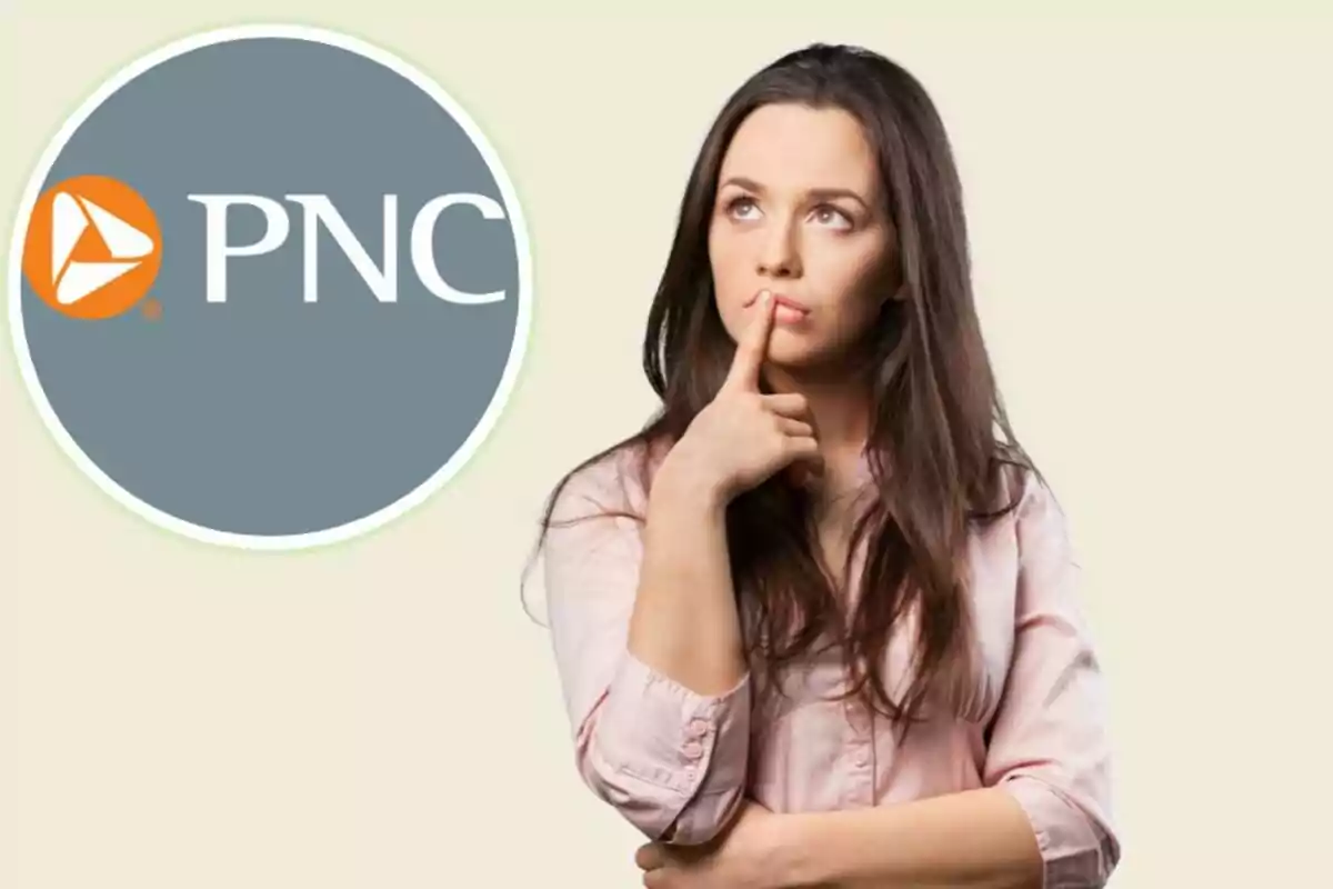 Una mujer pensativa con el logo de PNC al lado. Una mujer pensativa con el logo de PNC al lado.