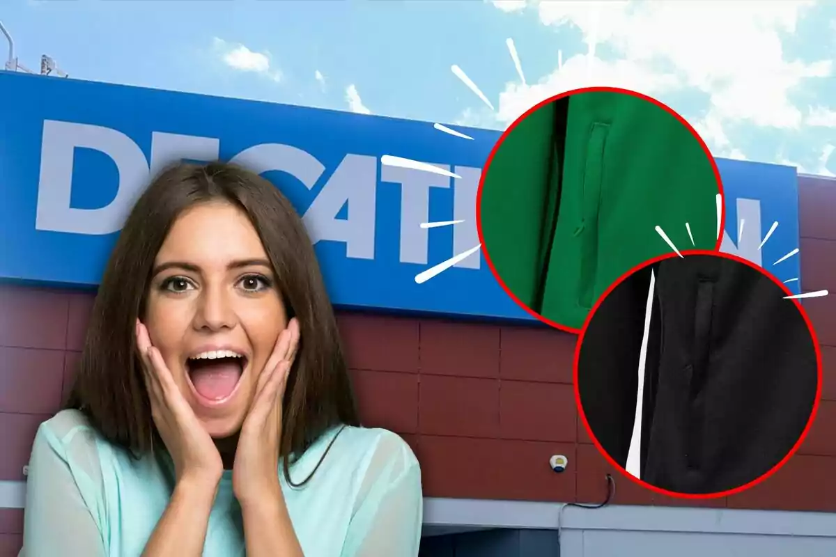 Una mujer con expresión de sorpresa frente a un cartel de Decathlon con dos círculos resaltando detalles de ropa.