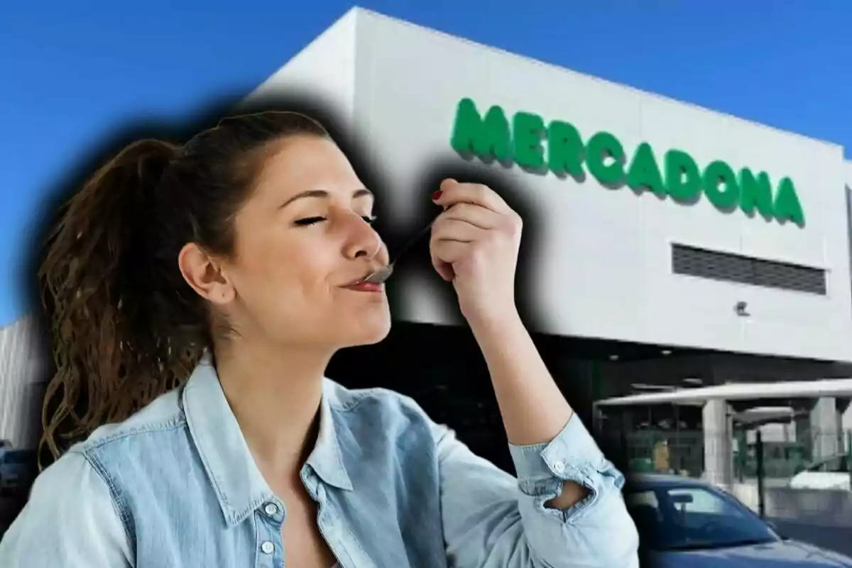 Montaje de fotos de una mujer disfrutando de una comida frente a un supermercado Mercadona.