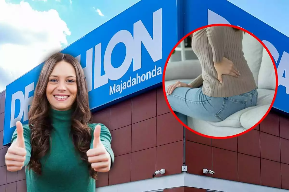 Mujer sonriendo con pulgares arriba frente a una tienda Decathlon en Majadahonda con un recuadro que muestra a una persona con dolor de espalda.