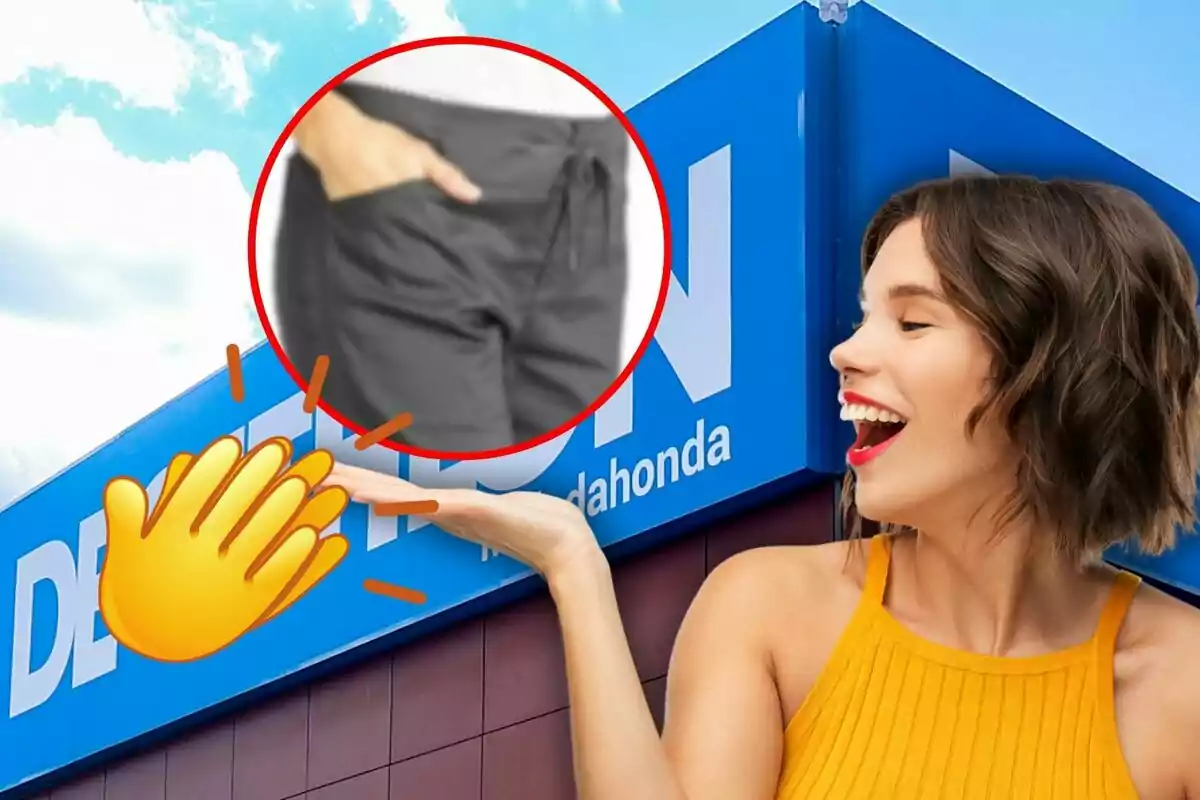 Una mujer sonriente señala un cartel azul con letras blancas mientras un emoji de aplauso y un círculo rojo resaltan un detalle de un pantalón.