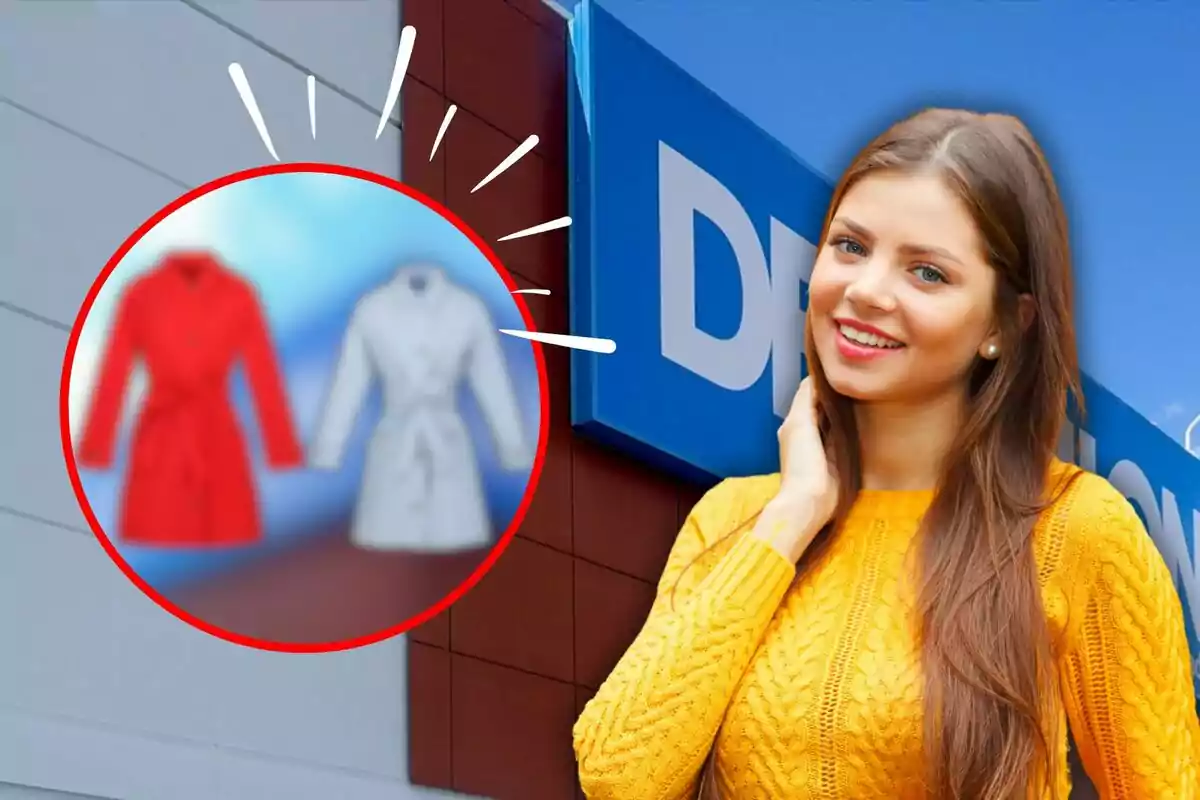 Una mujer sonriente con un suéter amarillo frente a un edificio con un letrero azul y un círculo que muestra dos abrigos desenfocados.