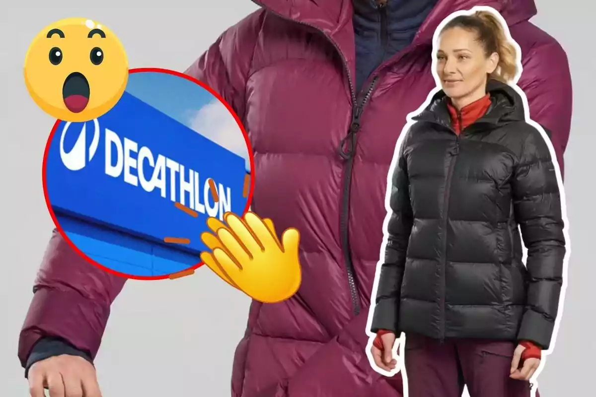 Una mujer con chaqueta acolchada negra junto a un cartel de Decathlon y emojis de sorpresa y aplausos.