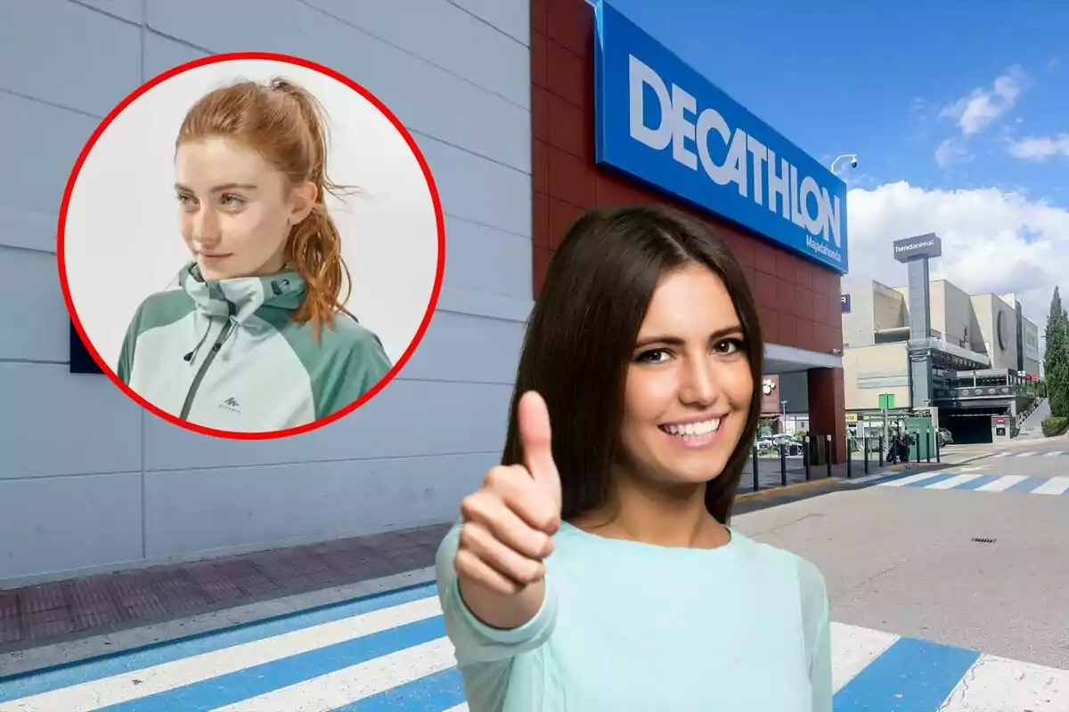 Una mujer sonriente con el pulgar hacia arriba frente a una tienda Decathlon y un recuadro con una persona usando una chaqueta deportiva.