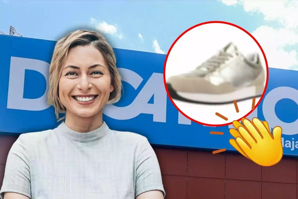 Una mujer sonriente frente a un cartel azul con letras blancas y un círculo rojo que destaca una zapatilla deportiva con un emoji de aplauso.