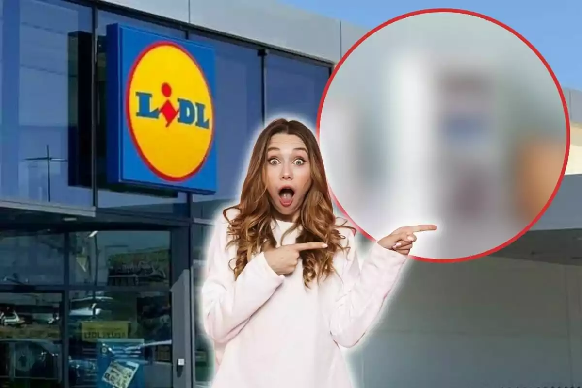 Una mujer sorprendida señala hacia un círculo borroso frente a una tienda Lidl.