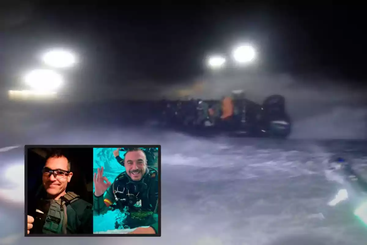 Una imagen nocturna muestra un vehículo volcado en la nieve con luces brillantes al fondo y un recuadro en la esquina inferior izquierda con dos fotos de un hombre sonriendo, una en un entorno oscuro y otra bajo el agua con equipo de buceo.