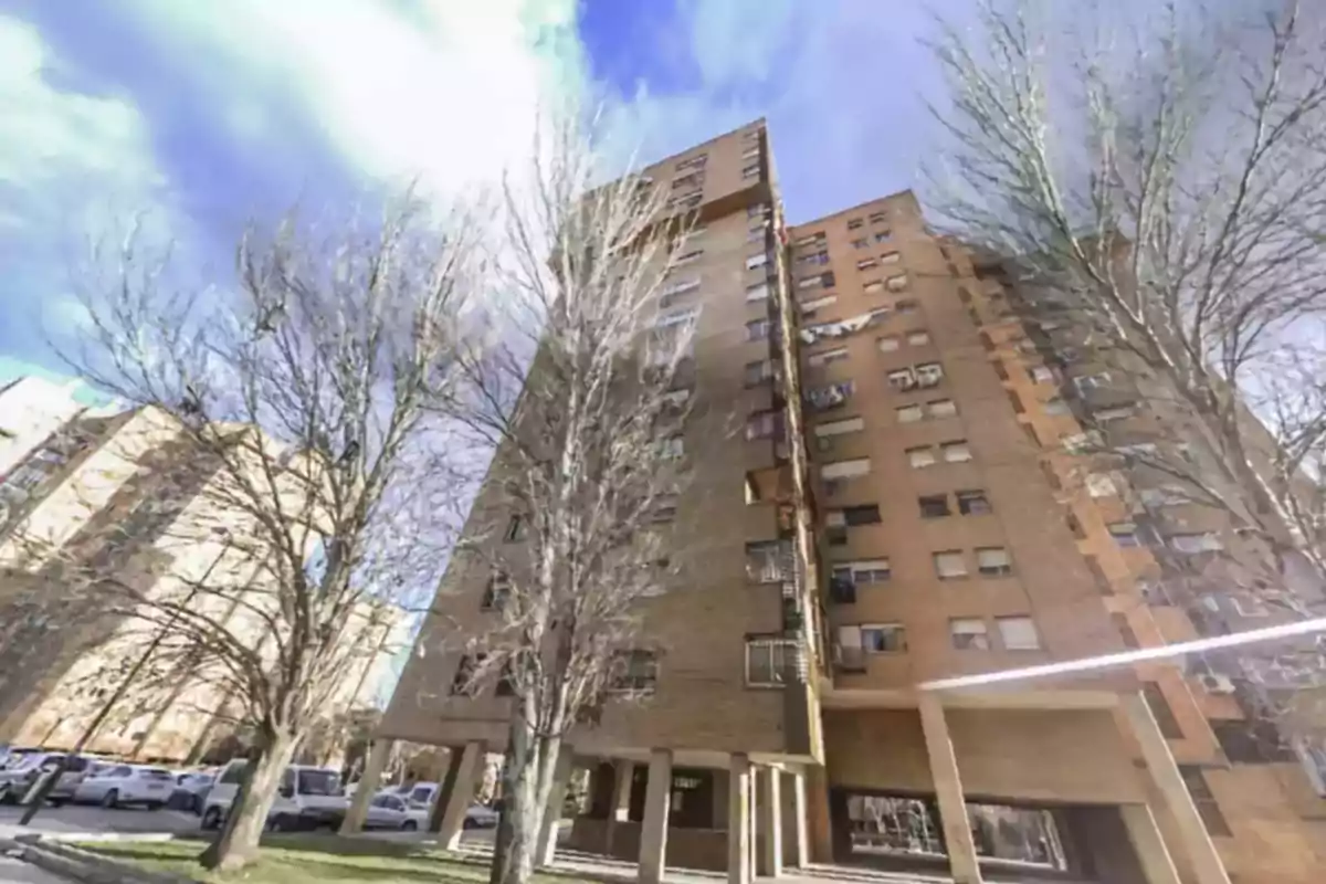 Edificio de apartamentos altos con fachada de ladrillo y árboles sin hojas en primer plano bajo un cielo parcialmente nublado.