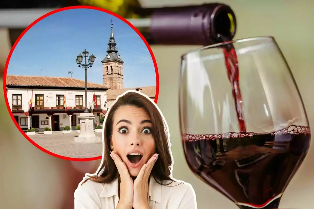 Una mujer con expresión de sorpresa, un vaso de vino tinto siendo servido y una imagen de un edificio con una torre en un recuadro circular.