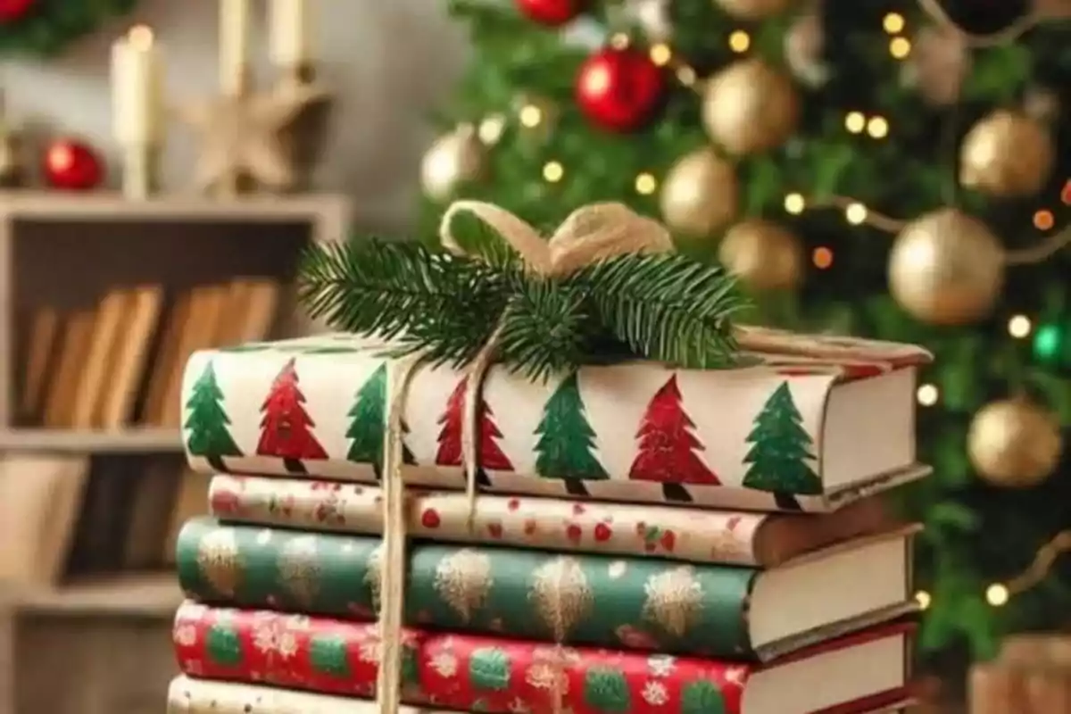 Unos libros envueltos en papel de regalo navideño con un lazo y una rama de pino encima frente a un árbol de Navidad decorado.