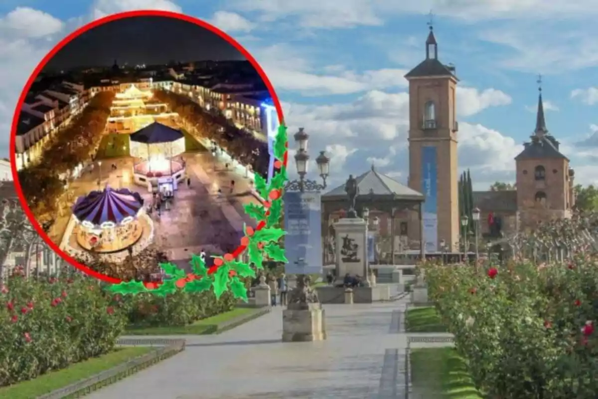 Imagen de una plaza con una torre y un carrusel iluminado en un recuadro circular decorado con motivos navideños.