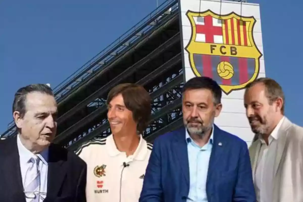 Cuatro hombres posando frente a un edificio con el escudo del FC Barcelona.