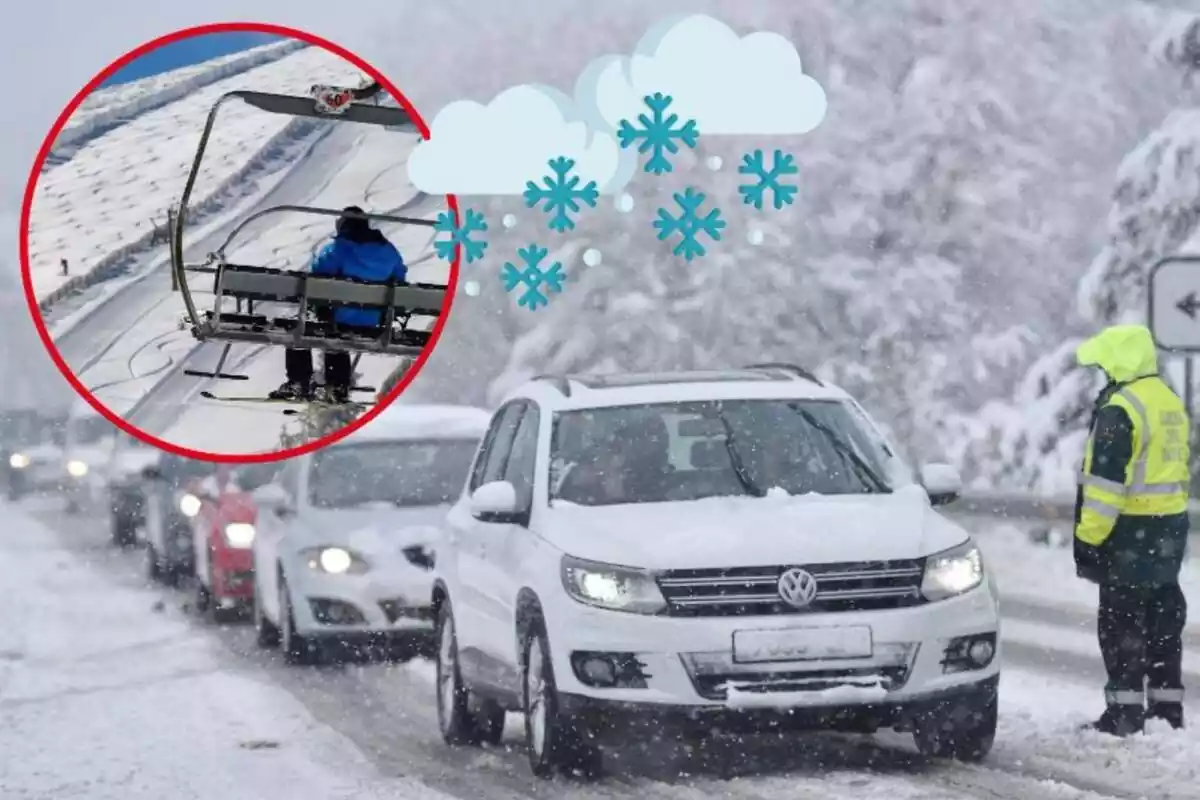 Imagen de fondo de una carretera de España nevada y otra imagen de una pista de esquí de La Rioja con una persona en un telesilla y varios emoticonos de unas nubes con nieve cayendo