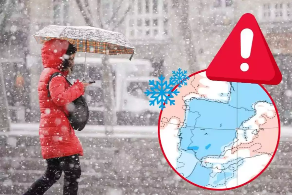 Una persona con abrigo rojo y paraguas camina bajo la nieve mientras consulta su teléfono móvil, junto a un gráfico de alerta meteorológica que muestra un mapa de España.