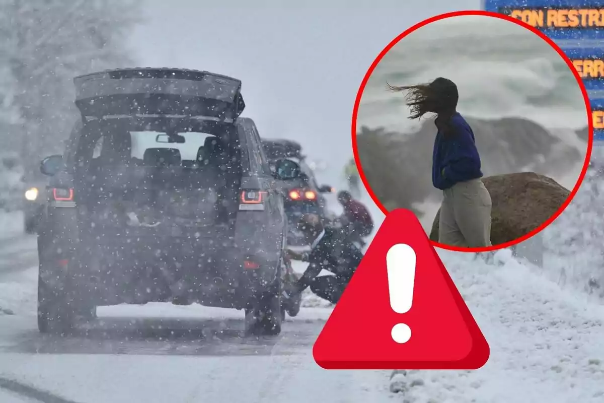 Un coche detenido en una carretera nevada con una persona colocando cadenas en las ruedas y un círculo que muestra a una persona de pie en un entorno ventoso cerca del mar con un icono de advertencia.