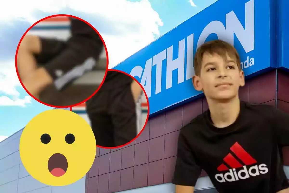 Un niño con camiseta negra de Adidas está frente a un edificio de Decathlon con un cielo azul de fondo y hay un emoji sorprendido en la imagen.