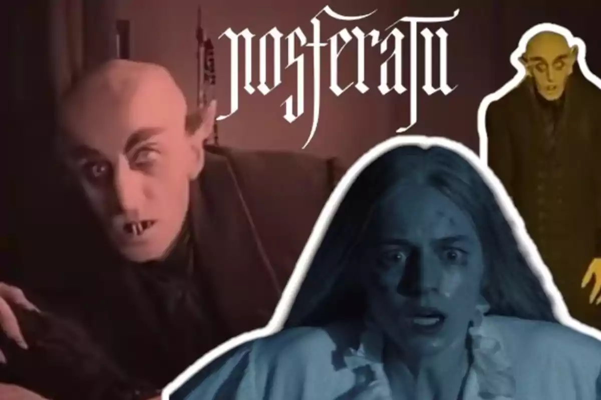 Un vampiro con orejas puntiagudas y colmillos prominentes aparece en varias poses junto a una mujer asustada; el texto "Nosferatu" está en la parte superior.