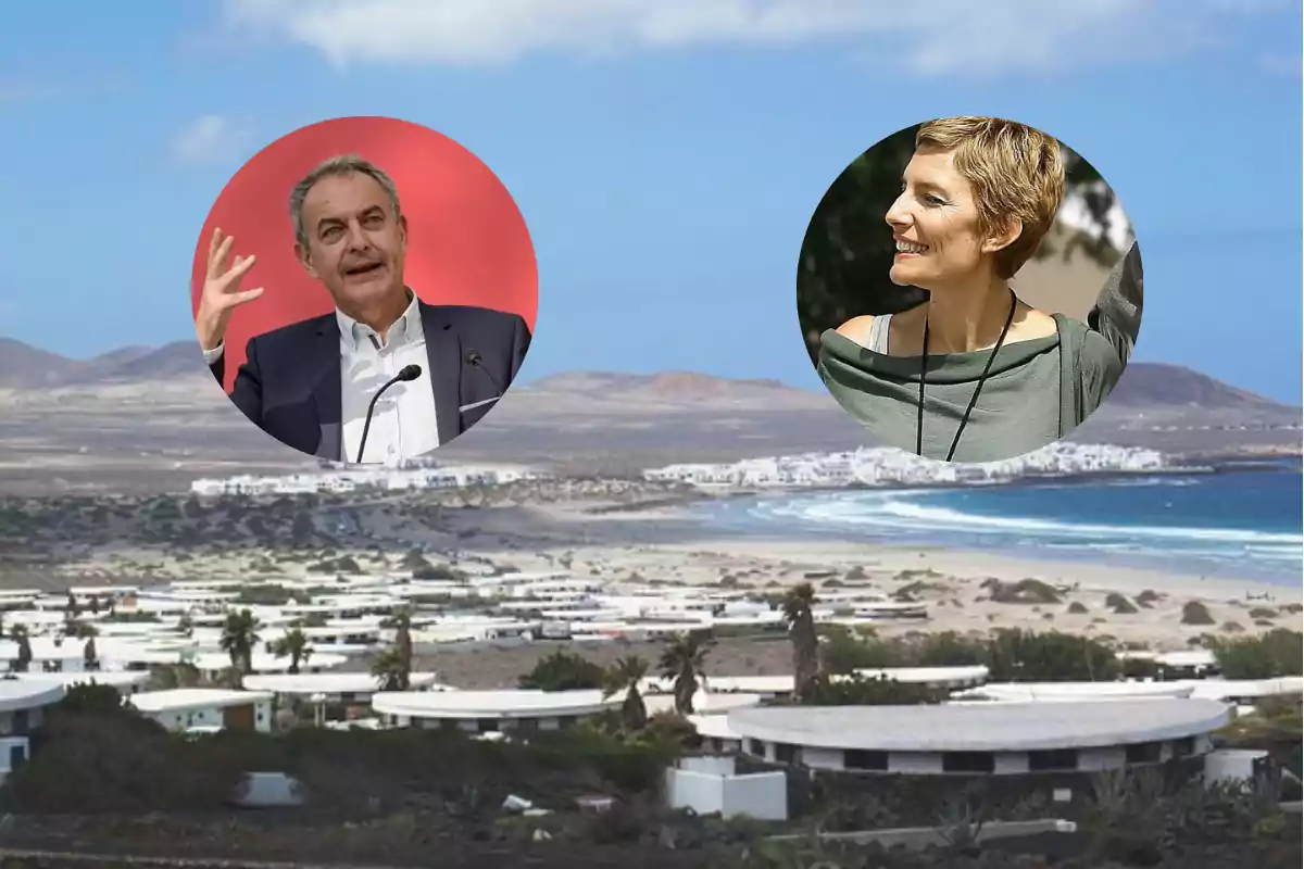 Dos personas en círculos sobre un paisaje costero con montañas al fondo. Dos personas en círculos sobre un paisaje costero con montañas al fondo.