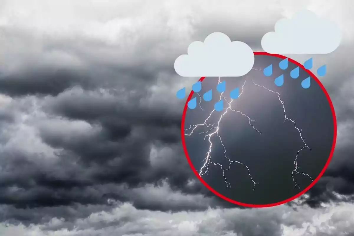 Montaje con unas nubes de tormenta, rayos y emojis de lluvia Montaje con unas nubes de tormenta, rayos y emojis de lluvia